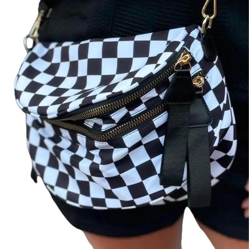 Black and White Checkered Nylon Bum Bag Plus Size Friendly Fanny Pack Crossbody - Spacious Design for Essentials - MORE COLORS!