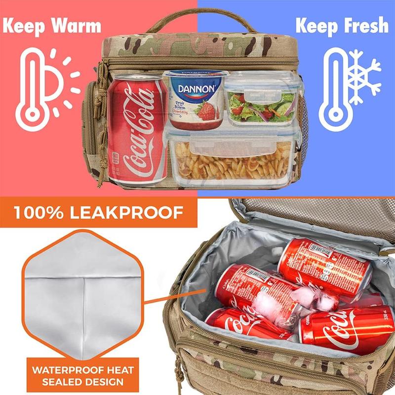 Tactical Lunch Box for Men, Camo Mens Insulated Lunch Bag for Adult, Leakproof Soft Lunch Cooler with MOLLE Mesh Side Pockets, Multicam Heavy Duty Lunchbox Pail for Work Women, Medium 10 Cans