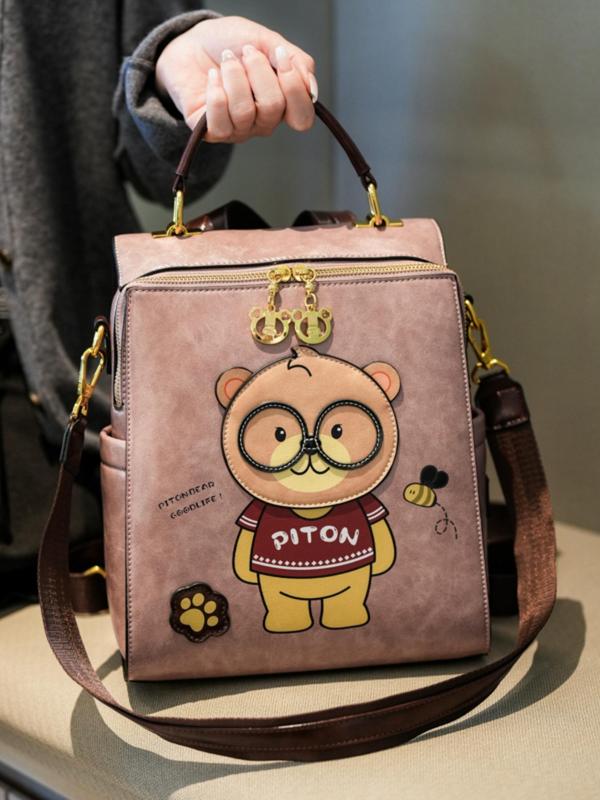 Women's Cute Cartoon Bear Pattern Backpack, Casual Large Capacity Fashion Backpack, Pu Leather All-match School Bag, Travel Backpack