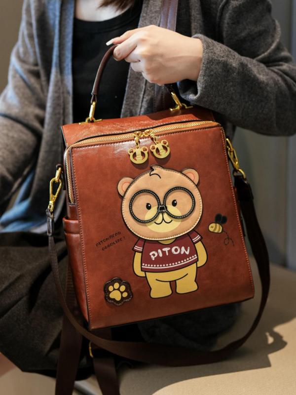 Women's Cute Cartoon Bear Pattern Backpack, Casual Large Capacity Fashion Backpack, Pu Leather All-match School Bag, Travel Backpack