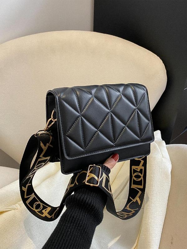 Women's Summer Elegant Plain Quilted Design Crossbody Bag, Fashionable Classic Letter Print Decorated Wide Strap Flap Shoulder Bag, All-match Casual Fashion Square Lux Bag for Daily Use