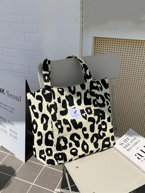 Fashion Random Leopard & Ditsy Flower Print Canvas Tote Bag, Casual Letter Matching Shoulder Bag for Women, Trendy All-match Bag for Daily Use