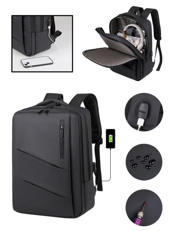 Casual Solid Color Waterproof Laptop Backpack, with USB Port, Large Capacity Lightweight Computer Bag, Simple Daily Commuting Bag for Men & Women