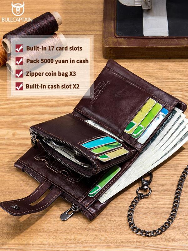 Men's Business Fashion First Layer Cowhide Wallet, Casual Trendy Anti-lost Chain Design Wallet, Multi-functional Wallet for Daily Use