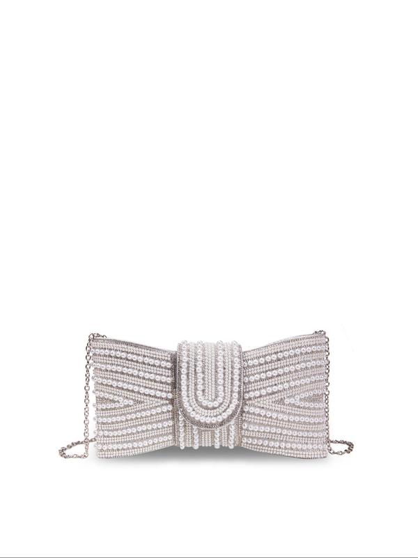 Women's Faux Pearl Decorated Evening Bag, Elegant Bow Design Clutch Bag with Chain Strap, Luxury Crossbody Bag for Party, Banquet