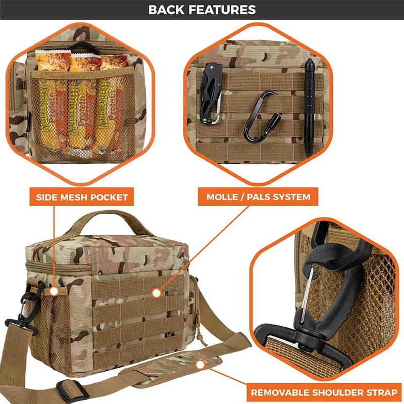 Tactical Lunch Box for Men, Camo Mens Insulated Lunch Bag for Adult, Leakproof Soft Lunch Cooler with MOLLE Mesh Side Pockets, Multicam Heavy Duty Lunchbox Pail for Work Women, Medium 10 Cans