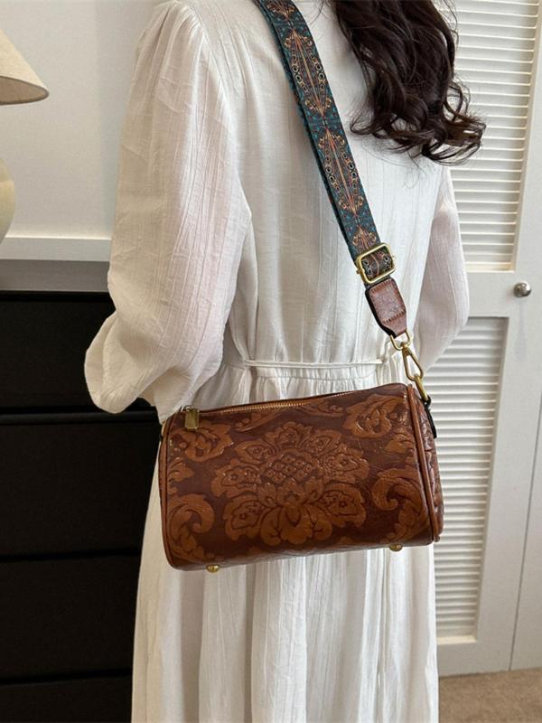 Women's Boho Style Floral Embossed Boston Bag, Vintage Ethnic Pattern Strap Shoulder Bag, Casual Trendy Versatile High-quality Daily Commuting Bag