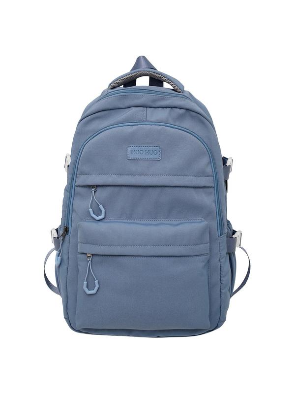 Unisex Solid Color Patched Decor Backpack, Waterproof Preppy Backpack, Large Capacity School Bag, Student Bag, USB Port Backpack, Light Weight Backpack, Versatile Backpack for Outdoor Travel