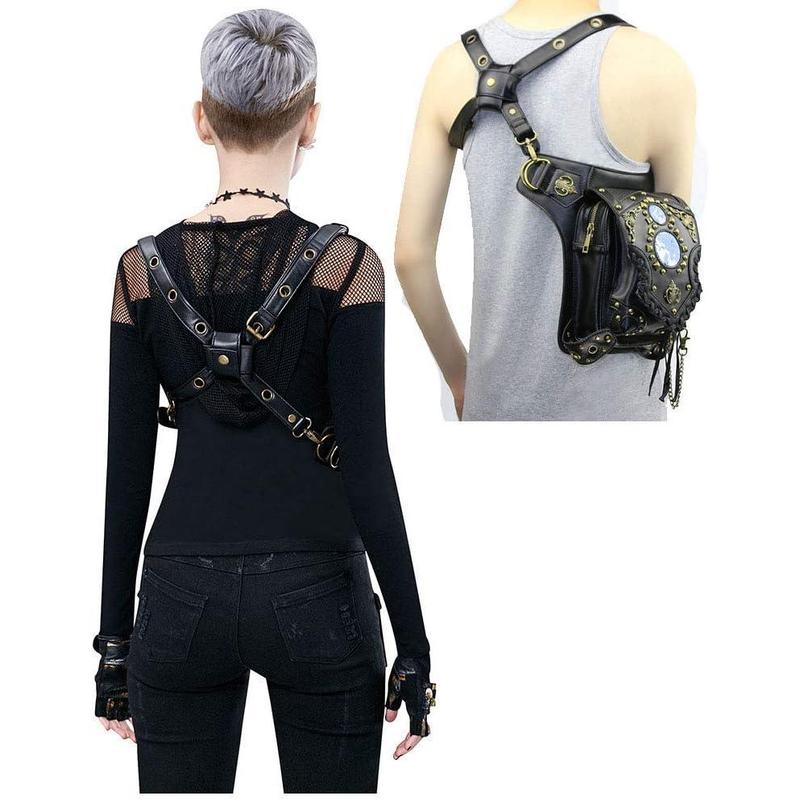 Steampunk Crossbody Shoulder Bag Messenger Gothic Waist Fanny Pack Chain Drop Leg Hip Holster Belt Purse Pouch