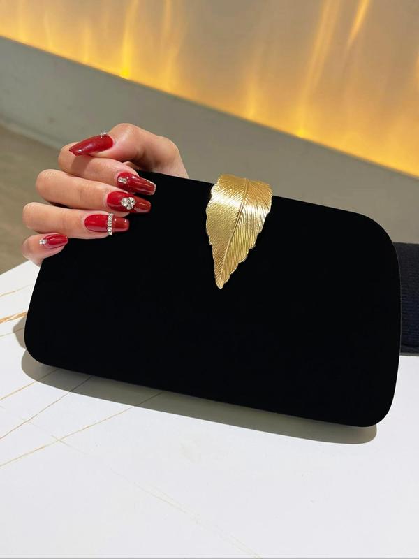 Women's Leaf Design Velvet Evening Bag, Elegant Solid Color Clutch Bag For Party, Trend Gorgeous Bag For Wedding Party