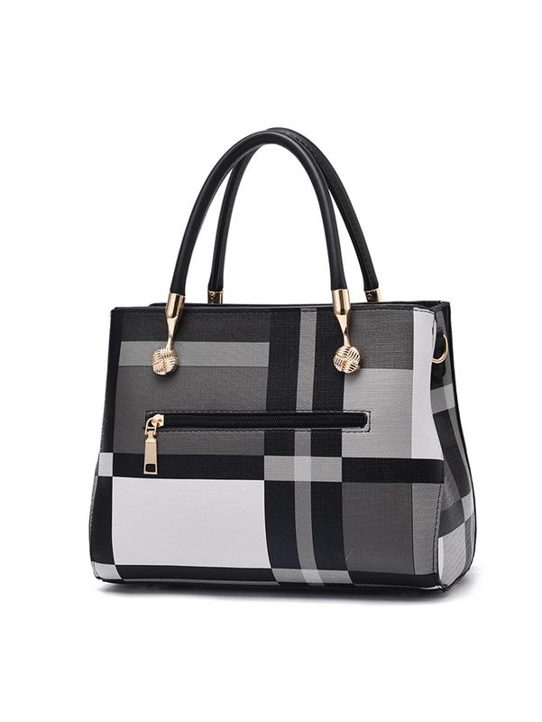 Elegant Plaid Pattern Charm Decor Satchel, Fashion Plaid Pattern Handbag As Gift, Casual Versatile Pu Leather Zipper Bag for Women, All-match Commuter Bag for Daily Use