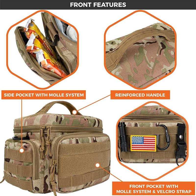 Tactical Lunch Box for Men, Camo Mens Insulated Lunch Bag for Adult, Leakproof Soft Lunch Cooler with MOLLE Mesh Side Pockets, Multicam Heavy Duty Lunchbox Pail for Work Women, Medium 10 Cans