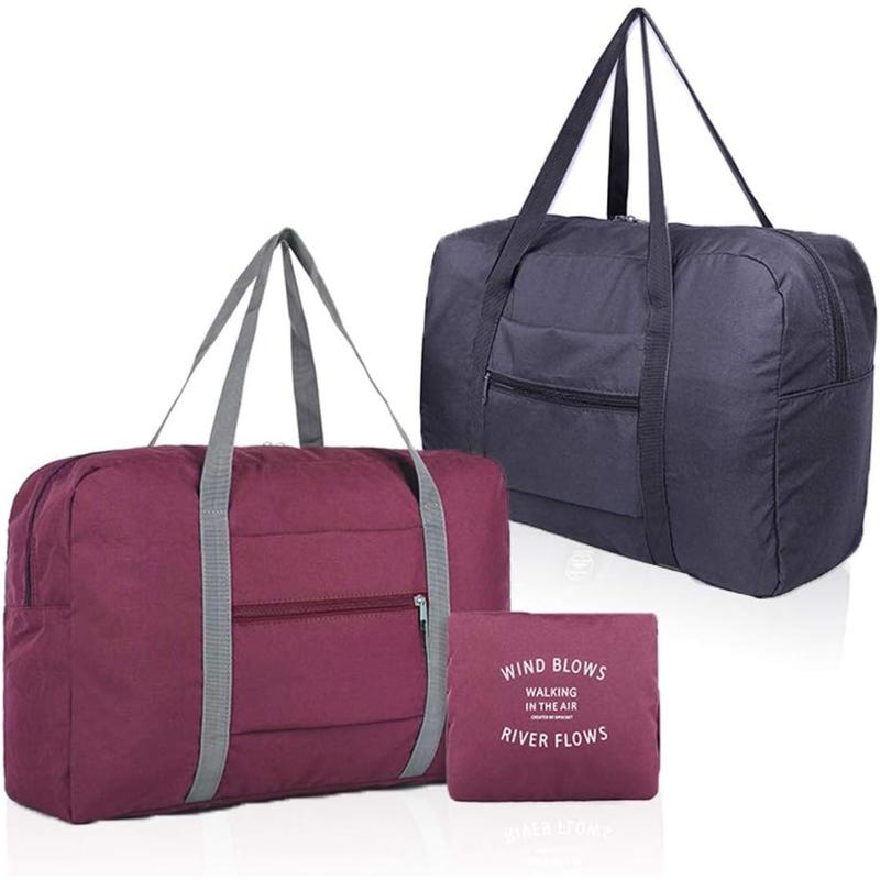 (2 Pack) Foldable Travel Duffel Bag, Waterproof Carry On Luggage Bag, Lightweight Travel Luggage Bag for Sports, Gym, Vacation (Wine red+Dark blue)