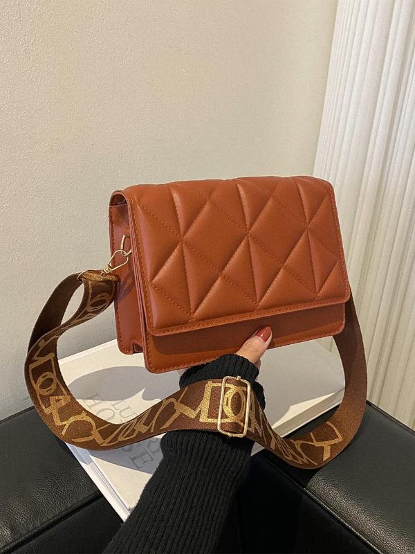 Women's Summer Elegant Plain Quilted Design Crossbody Bag, Fashionable Classic Letter Print Decorated Wide Strap Flap Shoulder Bag, All-match Casual Fashion Square Lux Bag for Daily Use