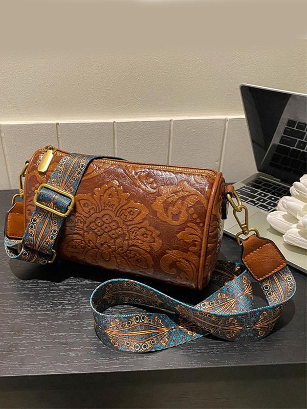 Women's Boho Style Floral Embossed Boston Bag, Vintage Ethnic Pattern Strap Shoulder Bag, Casual Trendy Versatile High-quality Daily Commuting Bag