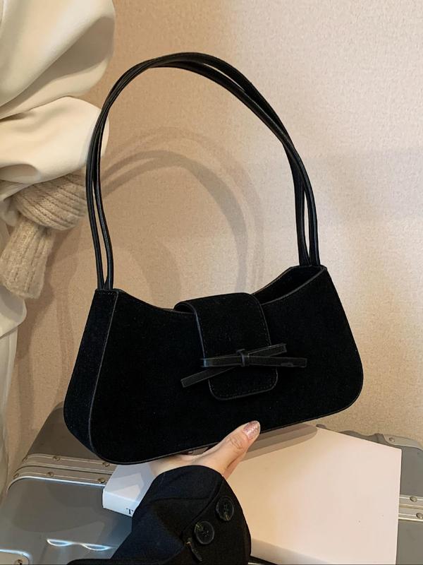 Women's Bow Decor Suede Shoulder Bag, Fashionable Solid Color Shoulder Clutch for Daily Used, Casual Trendy Versatile High-quality Daily Commuting Bag