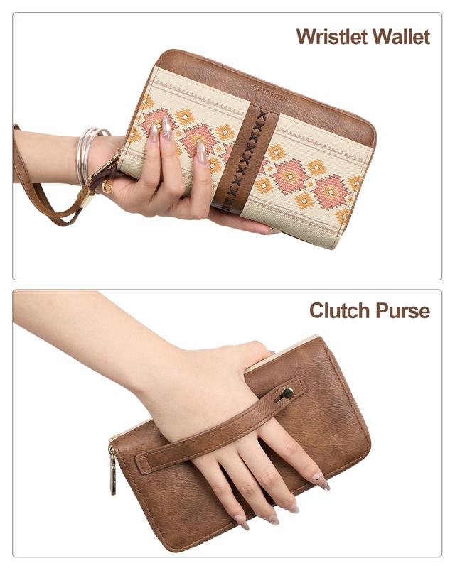 BOSTANTEN Southwestern Pattern Leather Wallets for Women RFID Double Zipper Around Credit Card Holder Wristlet Clutch Wallet with Grip Hand Strap