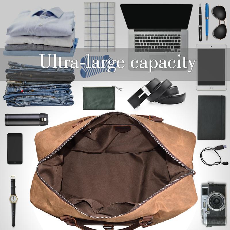 Oversized Travel Duffel Bag Waterproof Canvas Genuine Leather Weekend bag Weekender Overnight Carryon Hand Bag