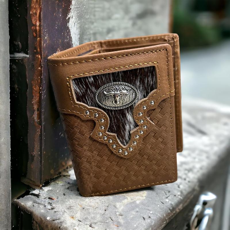 Mens Wallet Brown Tri Fold Longhorn Cow Hair Leather Soft Leather Cowboy High end Mens Wallets Leather Gift For Him Thin and Sophisticated Ultra Strong Stitching