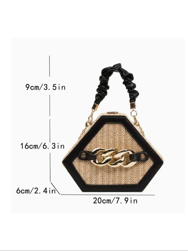 Fashion Chain Decorated Handbag,  Top Handle Design Straw Box Crossbody Bag for Women, Casual Trendy Versatile High-quality Daily Commuting Bag