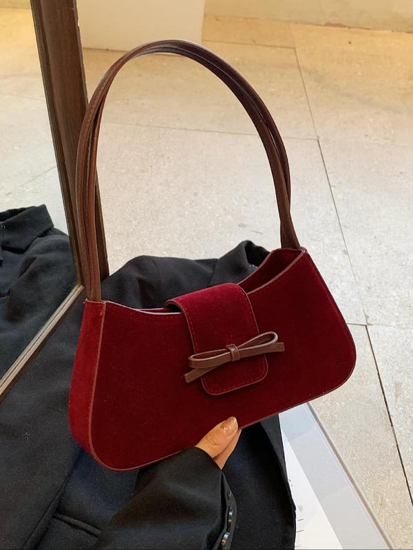 Women's Bow Decor Suede Shoulder Bag, Fashionable Solid Color Shoulder Clutch for Daily Used, Casual Trendy Versatile High-quality Daily Commuting Bag