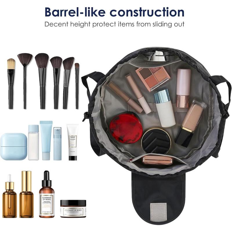 Large Barrel Drawstring Makeup Bag Make up Bags Toiletry Organizer for Women(Black)