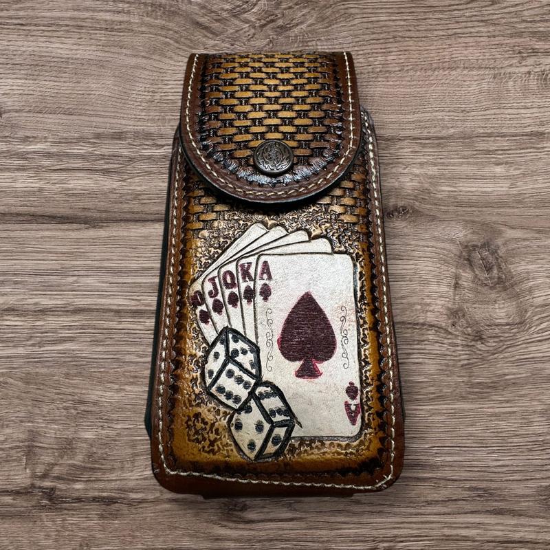 Western Leather Phone Belt Holster Dollar And Dice Cell Phone Case Phone Pouch Hand Tooled Handmade in Mexico Cowboy High End Case for iPhone Samsung Universal