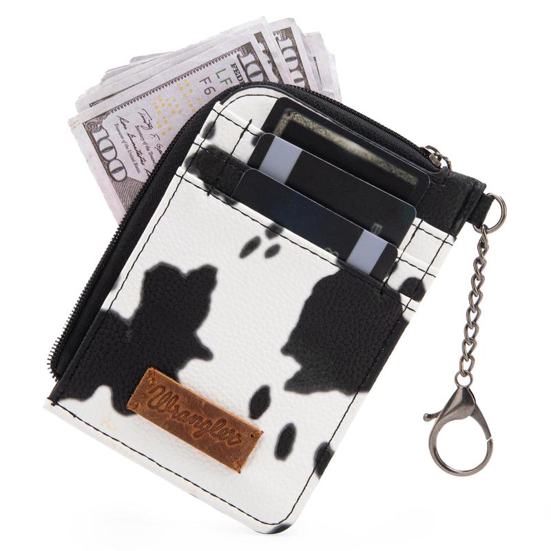 Wrangler Full Cow Print Credit Card Holder Western Style Wallet Women Small Cute Keychain Wallet with A Zipper Pocket Thin Slim & Minmalist Black