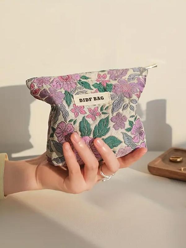 Floral Embroidered Makeup Bag, Patched Design Zipper Makeup Bag, Cosmetic Storage Bag, Portable Toiletry Bag for Women & Girls