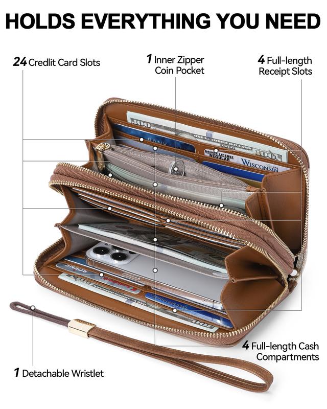 BOSTANTEN Southwestern Pattern Leather Wallets for Women RFID Double Zipper Around Credit Card Holder Wristlet Clutch Wallet with Grip Hand Strap