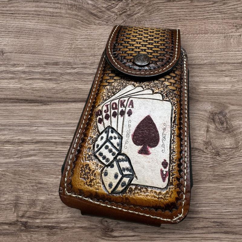 Western Leather Phone Belt Holster Dollar And Dice Cell Phone Case Phone Pouch Hand Tooled Handmade in Mexico Cowboy High End Case for iPhone Samsung Universal