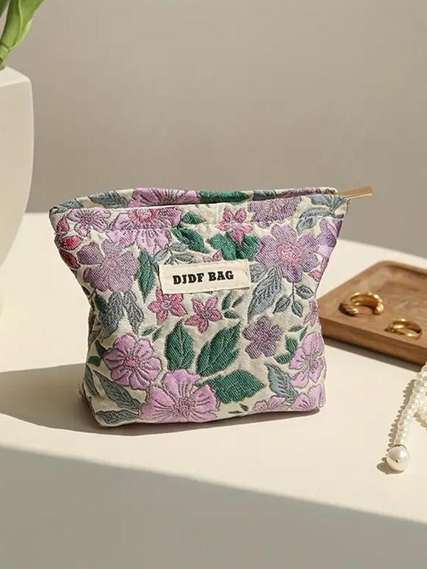 Floral Embroidered Makeup Bag, Patched Design Zipper Makeup Bag, Cosmetic Storage Bag, Portable Toiletry Bag for Women & Girls