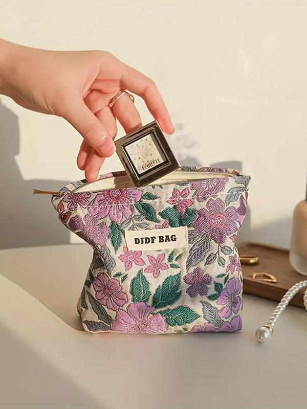 Floral Embroidered Makeup Bag, Patched Design Zipper Makeup Bag, Cosmetic Storage Bag, Portable Toiletry Bag for Women & Girls