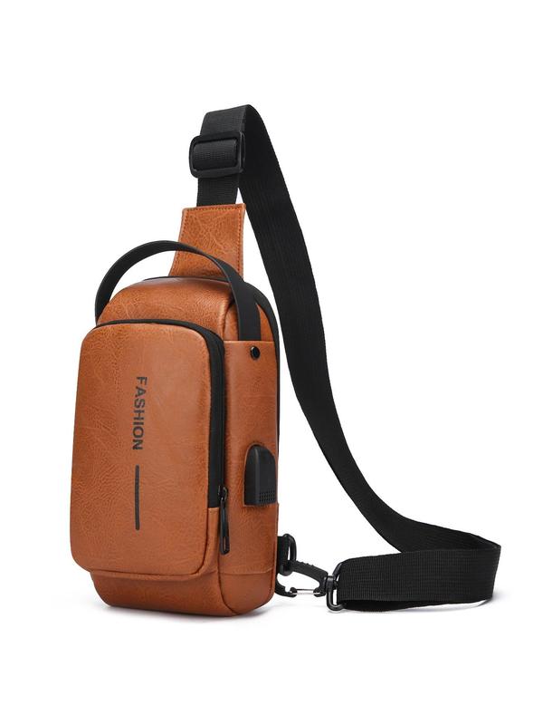 Men's Minimalist All-match Bum Bag with Adjustable Strap, Fashionable Letter Design Sling Bag,  Versatile Zipper Chest Bag, with Usb Charging Port for Daily Used