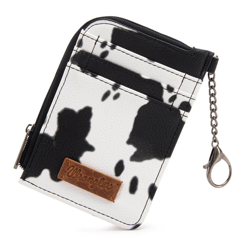 Wrangler Full Cow Print Credit Card Holder Western Style Wallet Women Small Cute Keychain Wallet with A Zipper Pocket Thin Slim & Minmalist Black