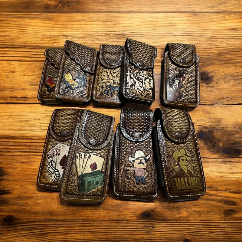 Western Leather Phone Belt Holster Dollar And Dice Cell Phone Case Phone Pouch Hand Tooled Handmade in Mexico Cowboy High End Case for iPhone Samsung Universal