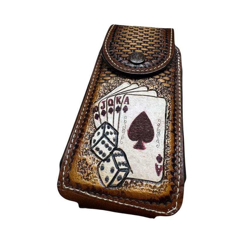 Western Leather Phone Belt Holster Dollar And Dice Cell Phone Case Phone Pouch Hand Tooled Handmade in Mexico Cowboy High End Case for iPhone Samsung Universal