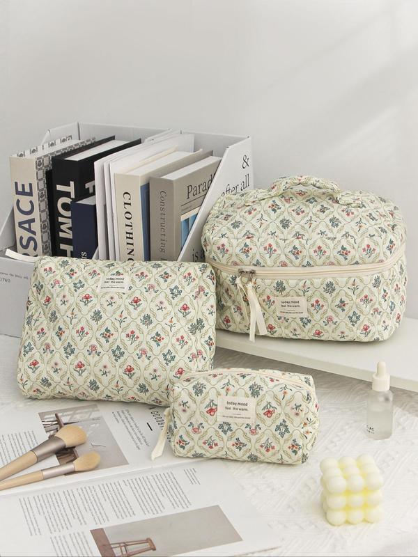 Floral Pattern Makeup Bag Set, Stylish Letter Patched Design Portable Zipper Cosmetic Storage Bag, Versatile Makeup Organizer Pouch for Travel & Daily Used