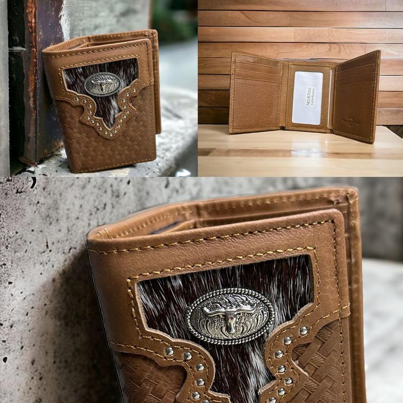 Mens Wallet Brown Tri Fold Longhorn Cow Hair Leather Soft Leather Cowboy High end Mens Wallets Leather Gift For Him Thin and Sophisticated Ultra Strong Stitching