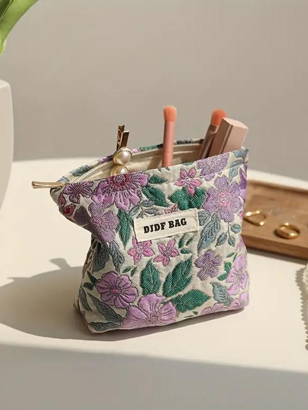 Floral Embroidered Makeup Bag, Patched Design Zipper Makeup Bag, Cosmetic Storage Bag, Portable Toiletry Bag for Women & Girls