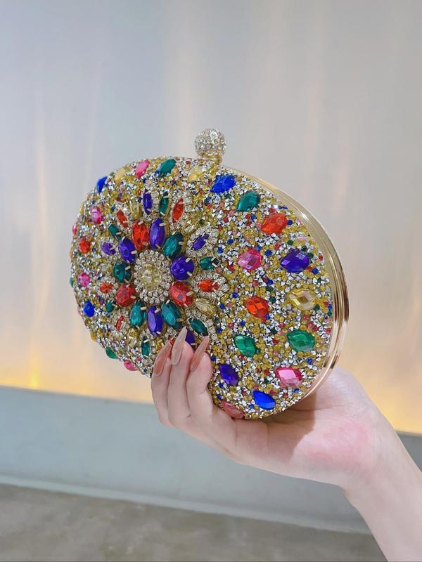 Women's 2024 Summer Rhinestone Decor Evening Bag, Temperament Elegant Clutch, Retro Style Oval Shaped Handbag for Party, Banquet