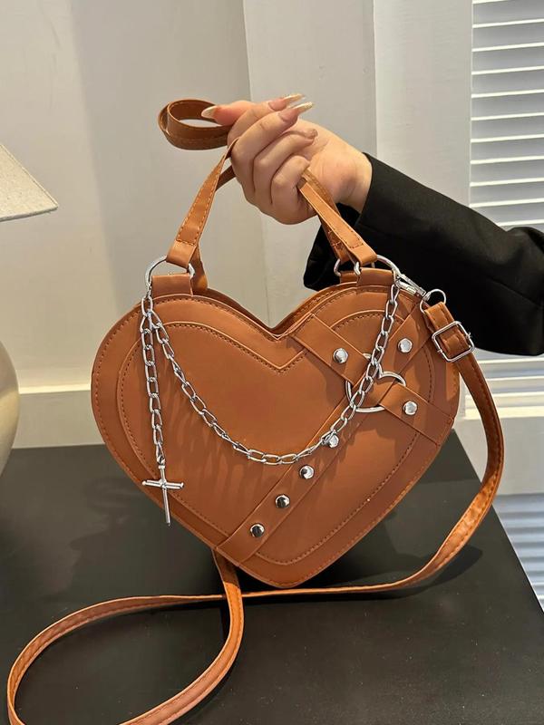 Women's Fashion Studded Decorated Heart Design Shoulder Bag, Casual PU Leather Crossbody Bag for Daily Used, Trendy Versatile High-quality Daily Commuting Bag