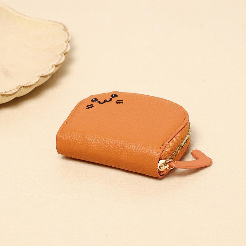 Kawaii Cute Cat Card Case Wallet, Small Thin Artificial Leather Mini Coin Bag (Orange, 3.93x3.54x0.98 IN)