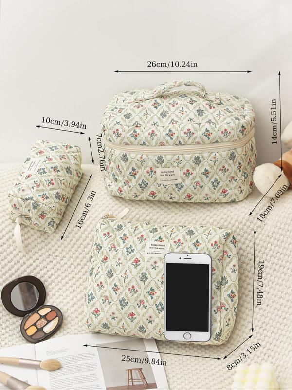 Floral Pattern Makeup Bag Set, Stylish Letter Patched Design Portable Zipper Cosmetic Storage Bag, Versatile Makeup Organizer Pouch for Travel & Daily Used