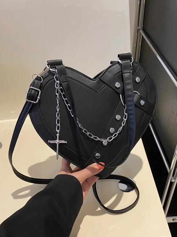 Women's Fashion Studded Decorated Heart Design Shoulder Bag, Casual PU Leather Crossbody Bag for Daily Used, Trendy Versatile High-quality Daily Commuting Bag