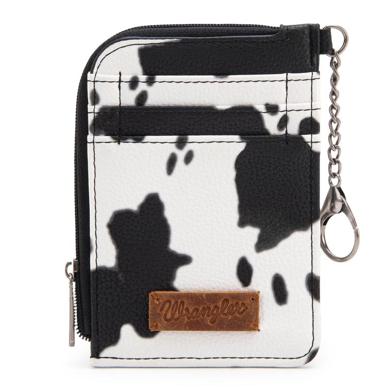 Wrangler Full Cow Print Credit Card Holder Western Style Wallet Women Small Cute Keychain Wallet with A Zipper Pocket Thin Slim & Minmalist Black