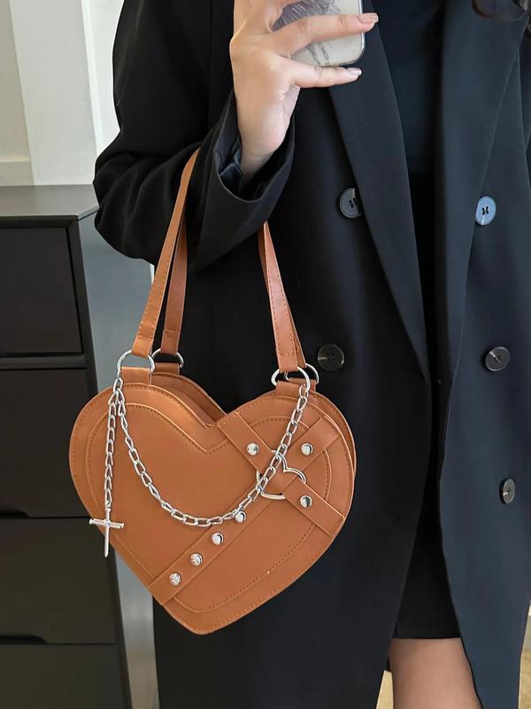 Women's Fashion Studded Decorated Heart Design Shoulder Bag, Casual PU Leather Crossbody Bag for Daily Used, Trendy Versatile High-quality Daily Commuting Bag