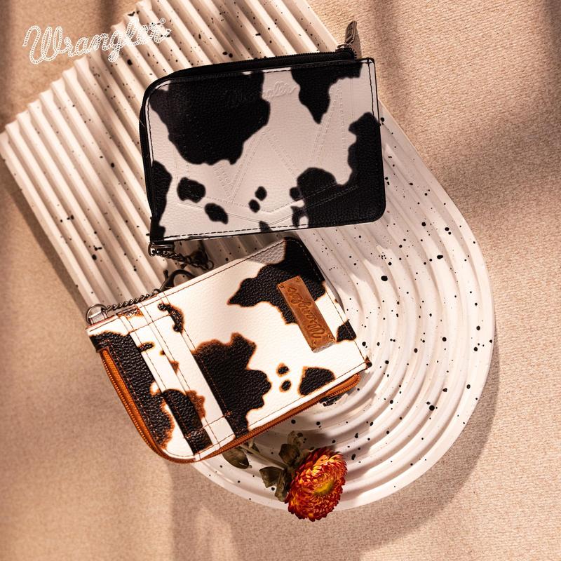 Wrangler Full Cow Print Credit Card Holder Western Style Wallet Women Small Cute Keychain Wallet with A Zipper Pocket Thin Slim & Minmalist Black