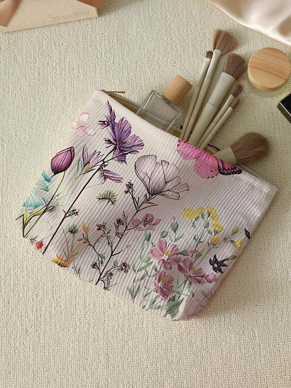 Cute Flower Pattern Makeup Bag, Lightweight Multifunctional Cosmetic Storage Bag, Casual Versatile Zipper Corduroy Makeup Bag for Travel & Daily Use