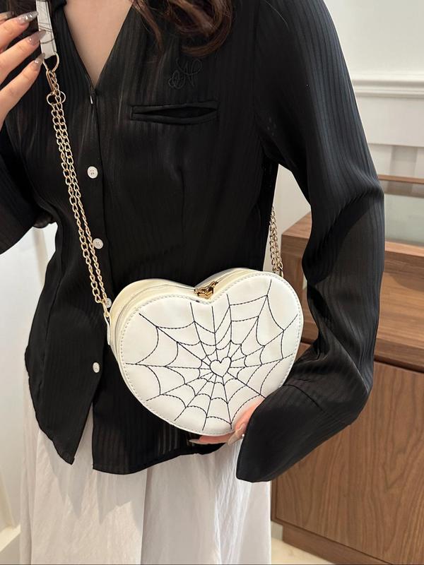 Fashion Spider Web Pattern Heart Shaped Crossbody Bag, Casual Zipper Shoulder Bag for Women & Girls, Casual  Versatile Commuting Bag, Girl Shopping Bag